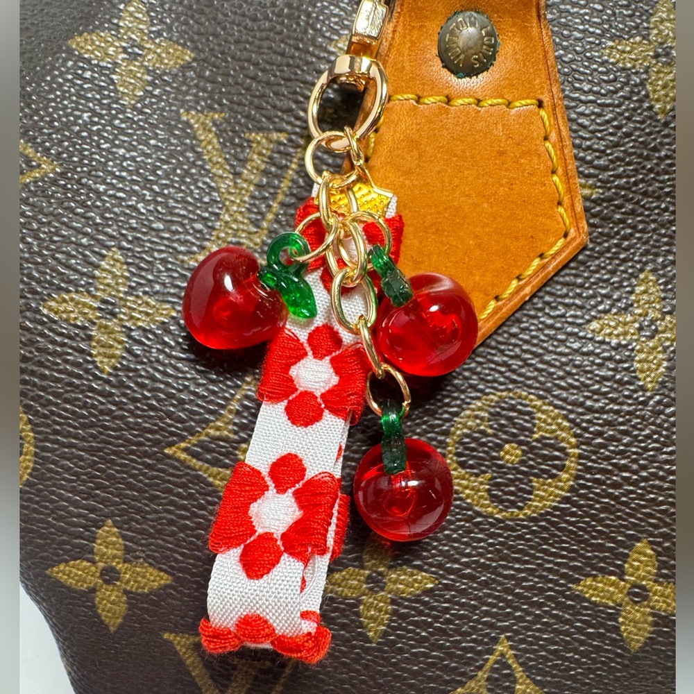 Cherry Acrylic Embroidered Bag Charm Gold Tone Hardware Keychain Summer